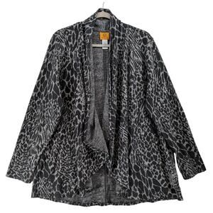 Ruby Rd Open‎ Front Cardigan L Black White Waterfall Draped Animal Print Flowy